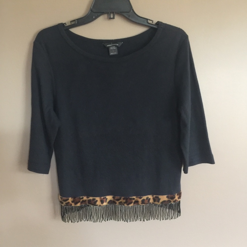 Moda Black&Cheetah Beaded Fringe Top w/ Open Back